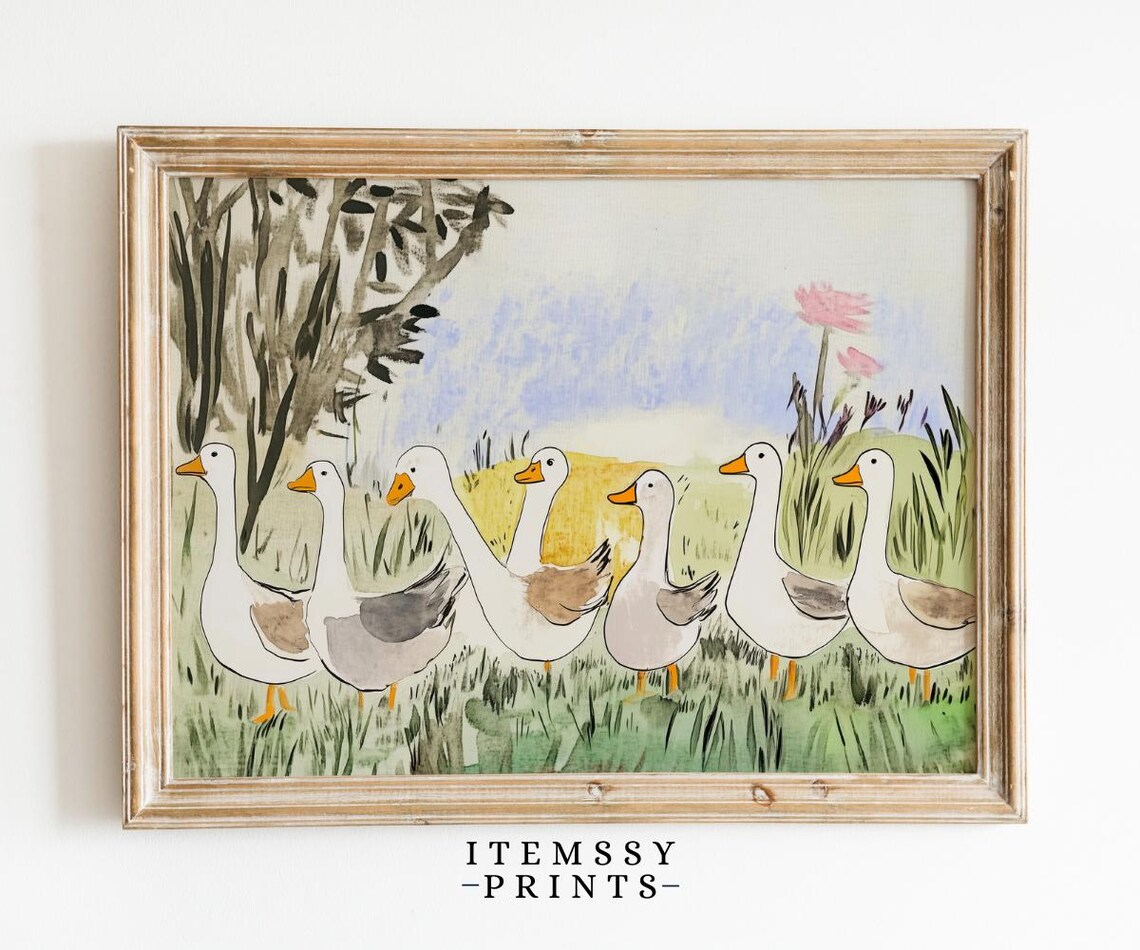 White Geese Watercolor Painting Farm Nursery Antique Style Poster