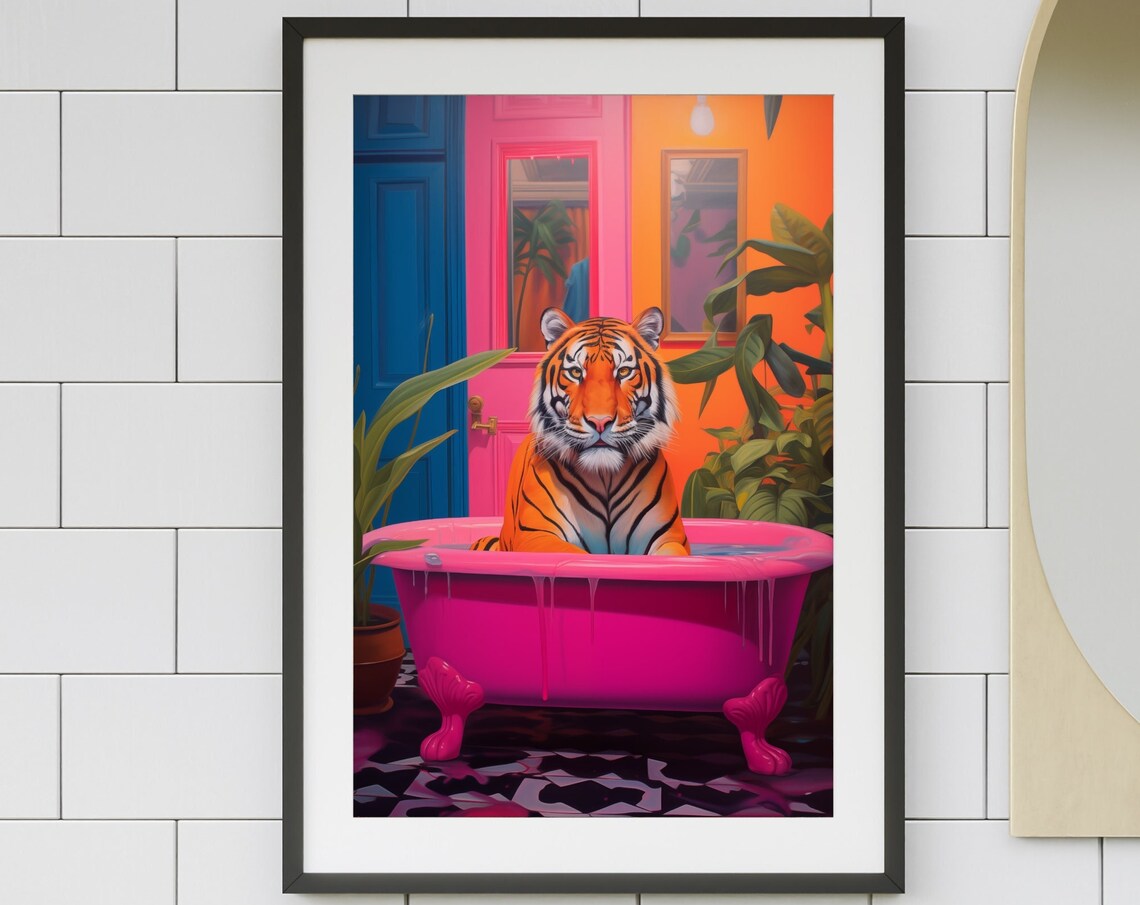 Tiger In A Bath, Whimsical Bathroom Wall Art Print