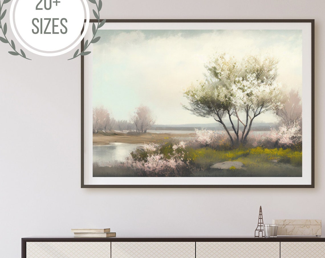 Spring Blossom Tree Riverside Watercolor Landscape Painting Poster