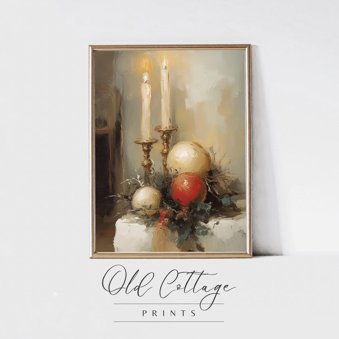 Lit Candles With Red And Gold Christmas Baubles Still Life Poster