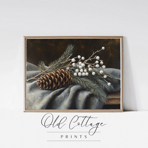 Pine Cone and Evergreen Still Life with White Berries Winter Poster
