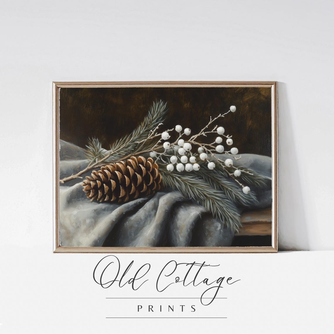 Pine Cone and Evergreen Still Life with White Berries Winter Poster