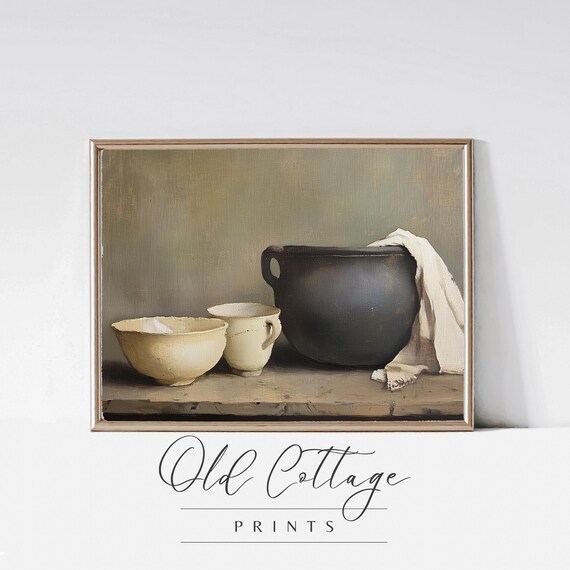 Dark Pot and Cream Bowls Still Life Vintage Kitchen Art Print