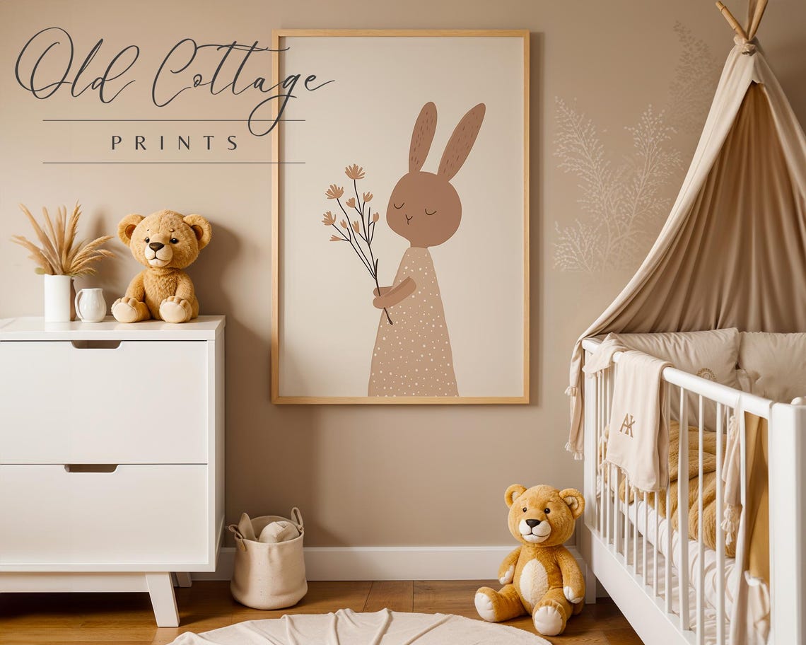 Adorable Bunny in Dress with Wildflowers Minimalist Nursery Poster - Image 4