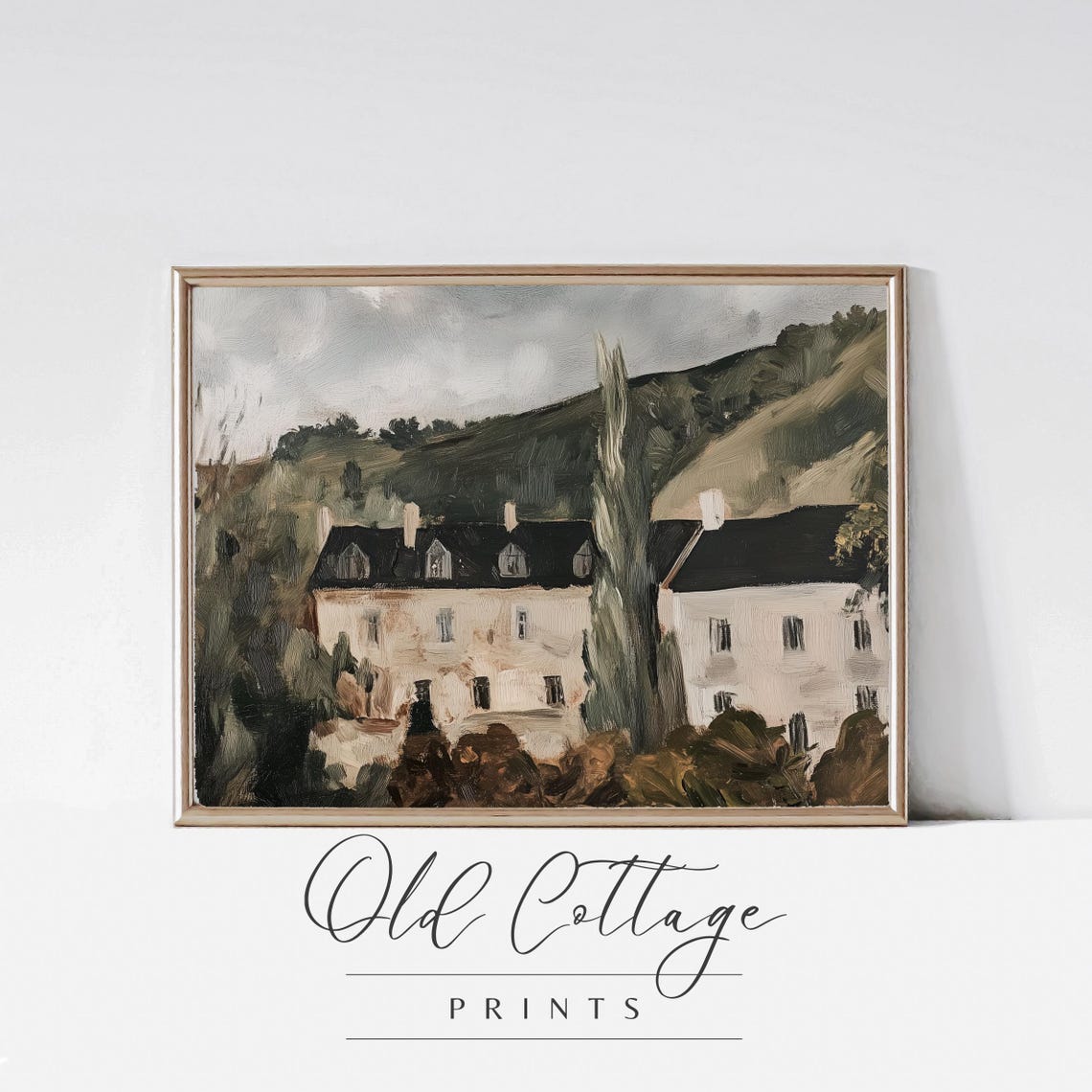 Old Country House With Dark Shutters Among Green Hills Vintage Poster