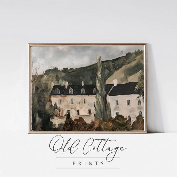 Cottage Landscape Serene Countryside Art Greenery Oil Painting Tranquil Village Scene Rustic Home Decor