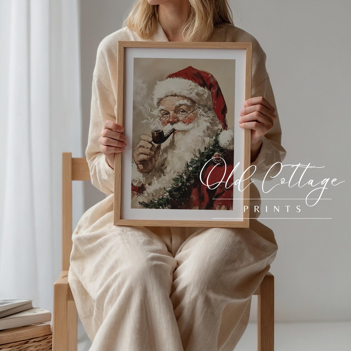 Vintage Santa Claus Smoking Pipe Classic Christmas Oil Painting Poster - Image 4