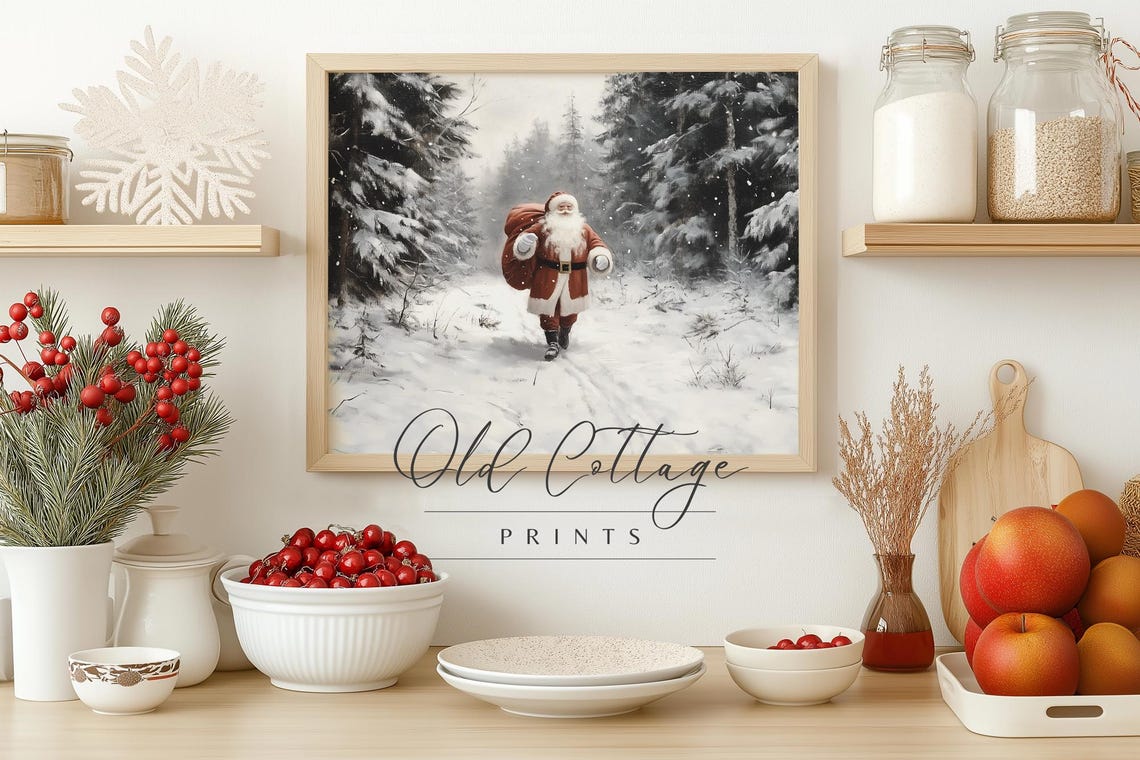 Santa Claus Walking Along A Long Snowy Winter Forest Trail Poster - Image 3