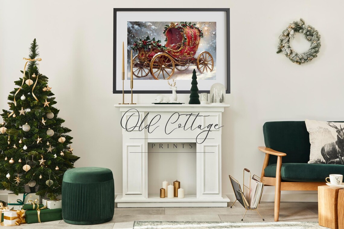 Red Vintage Horse Carriage Holly Snowy Day Christmas Painting Poster - Image 2