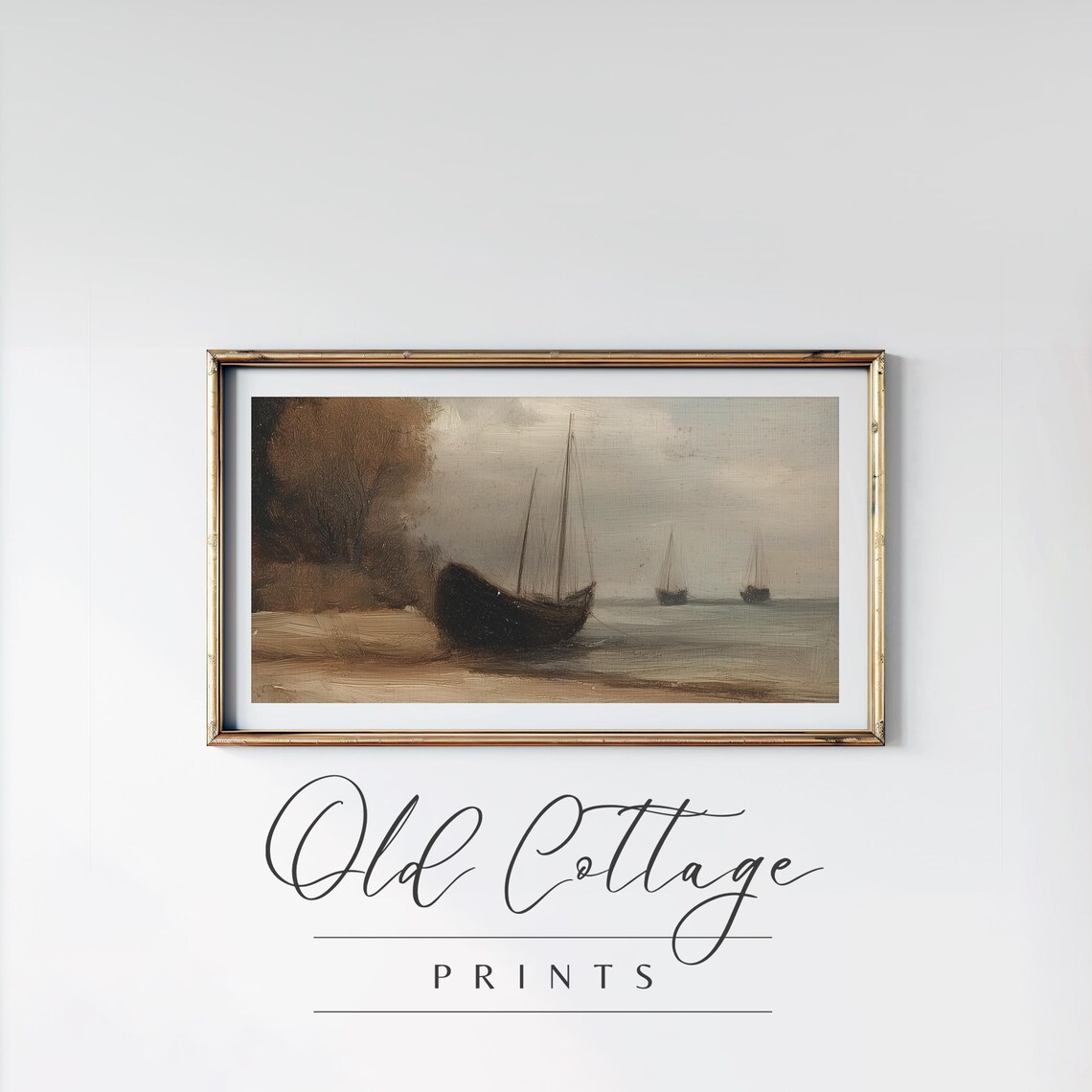 Moody Seascape Sailboats Shore Vintage Maritime Oil Painting Poster - Image 2
