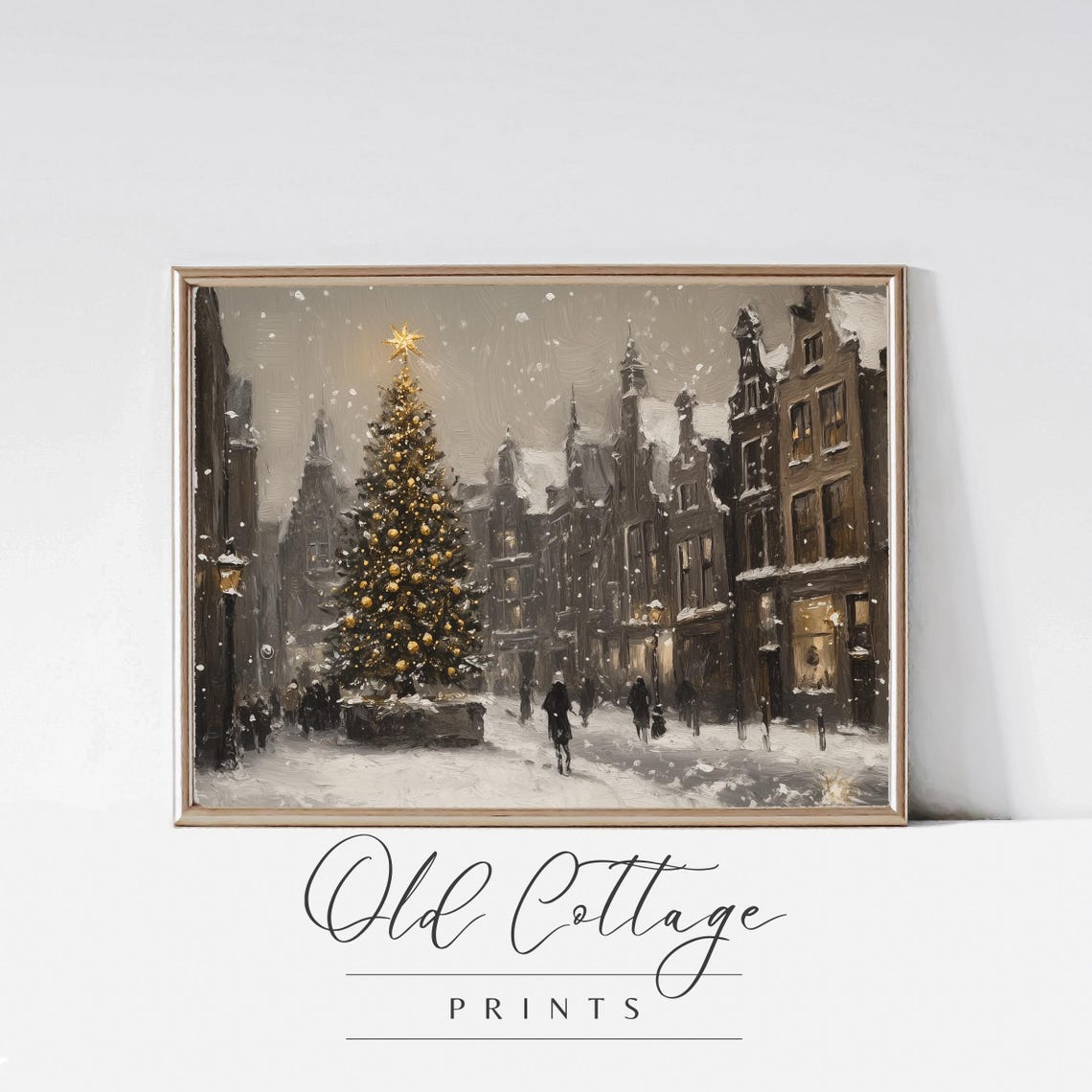 Snowy Christmas Street with Grand Tree Vintage Holiday Scene Poster