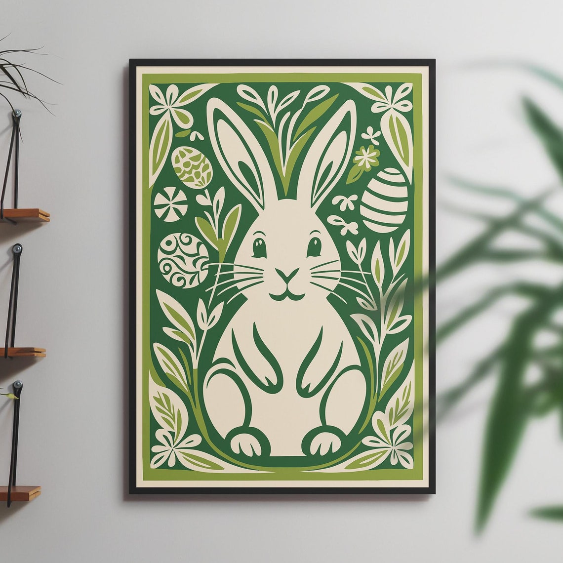 Cute Green And White Easter Bunny Poster With Decorated Eggs