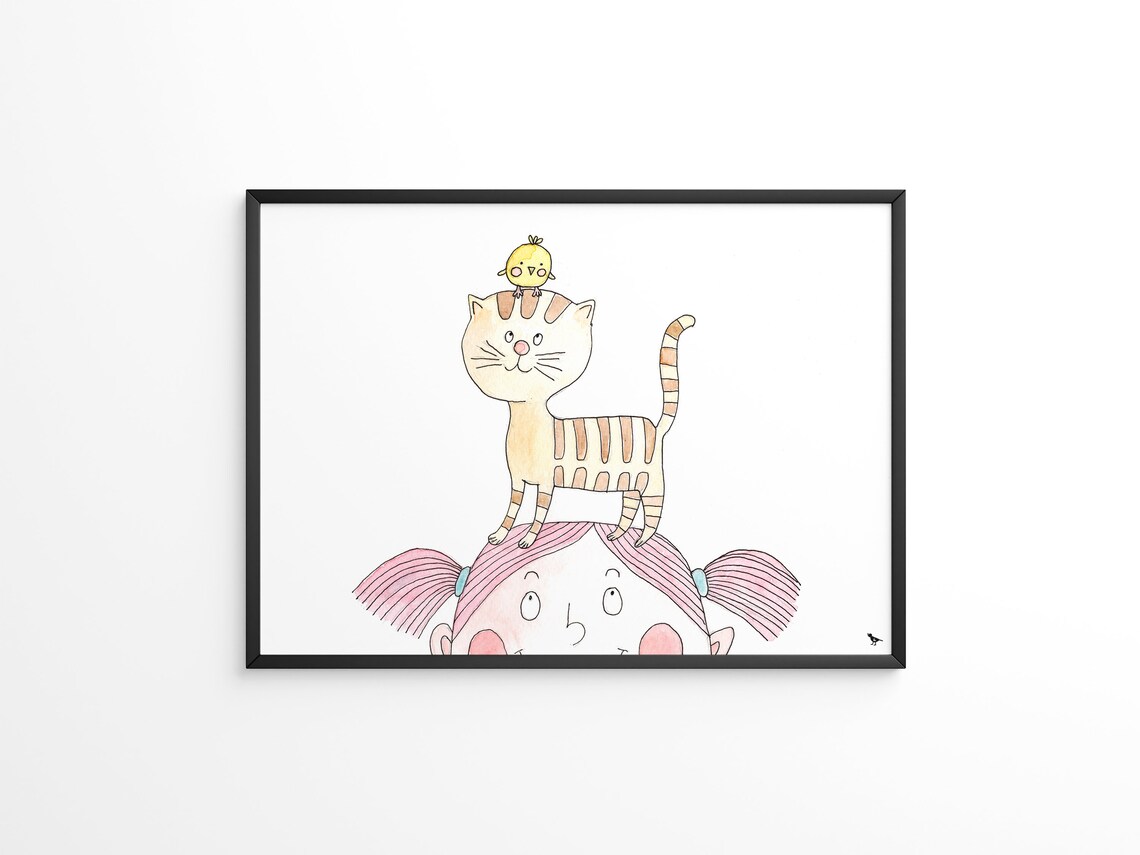 Upside Down Girl With Cat on Head and Chick Funny Kids Watercolor Poster