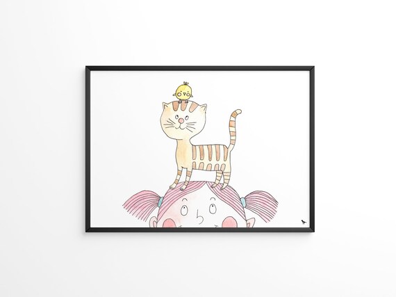 Upside Down Girl With Cat on Head and Chick Funny Kids Watercolor Poster