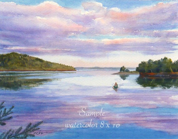 Purple Sunset Lake Swimming Watercolor Tranquil Waterscape Art Poster
