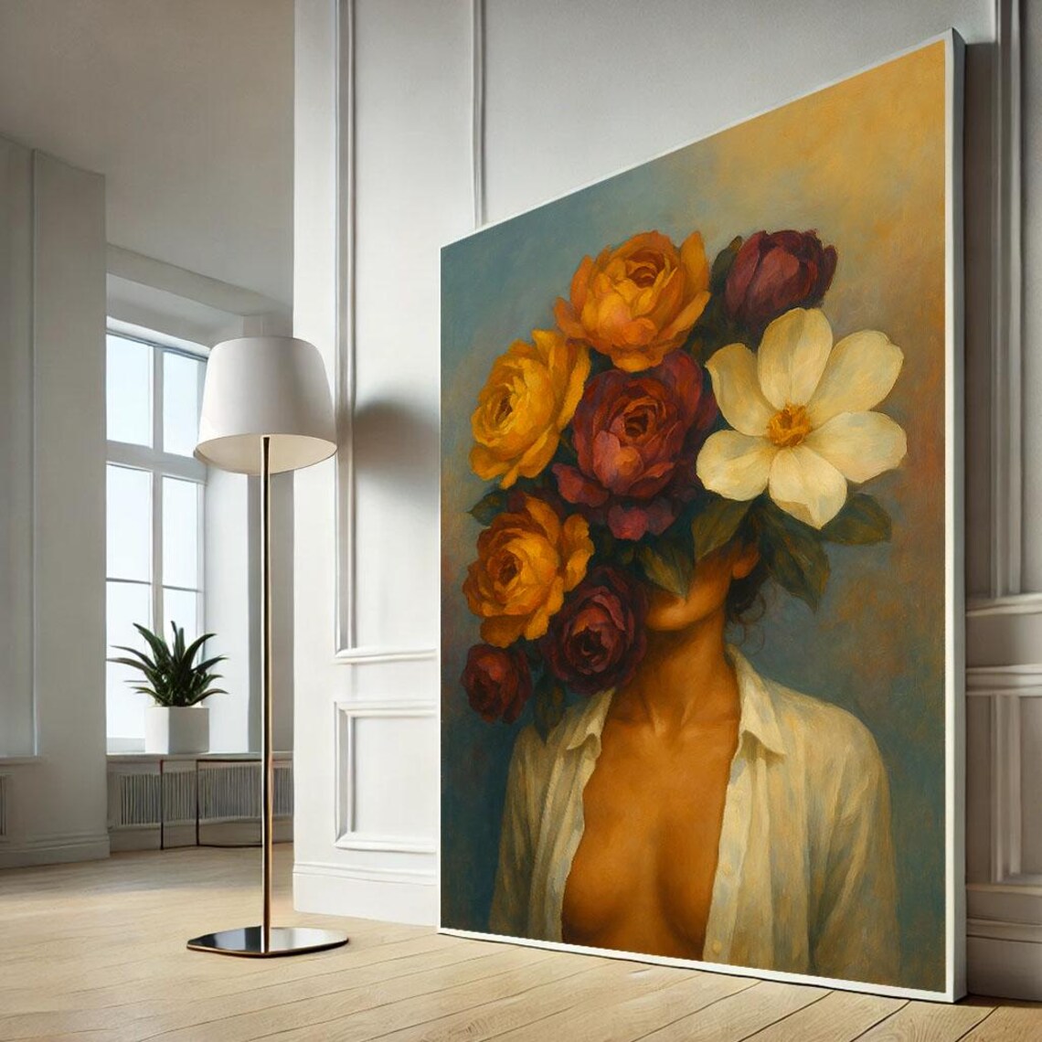 Whimsical Woman Portrait Vibrant Flower Bouquet Face Art Poster