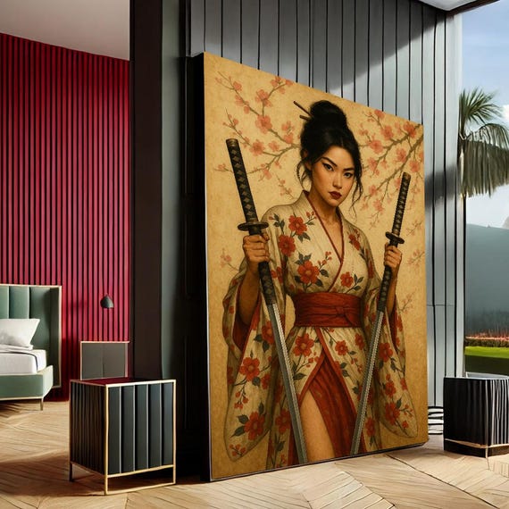 Empowering Samurai Woman Modern Canvas Wall Art Print Red Beige Living Room Decor Statement Piece