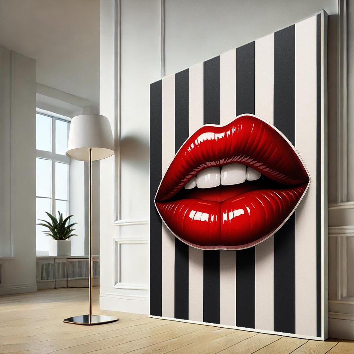 Red Lips Pop Art Bold Glossy Retro Black White Striped Wall Poster