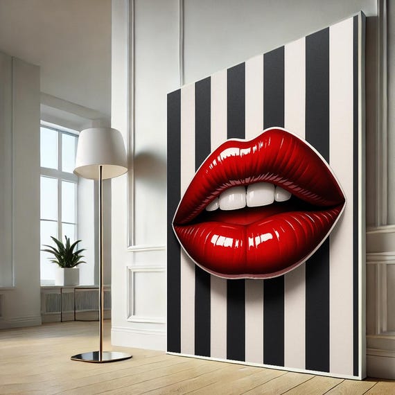 Red Lips Pop Art Canvas Black White Striped Wall Print Bold Glam Poster Fashion Kiss Decor Ready To Hang