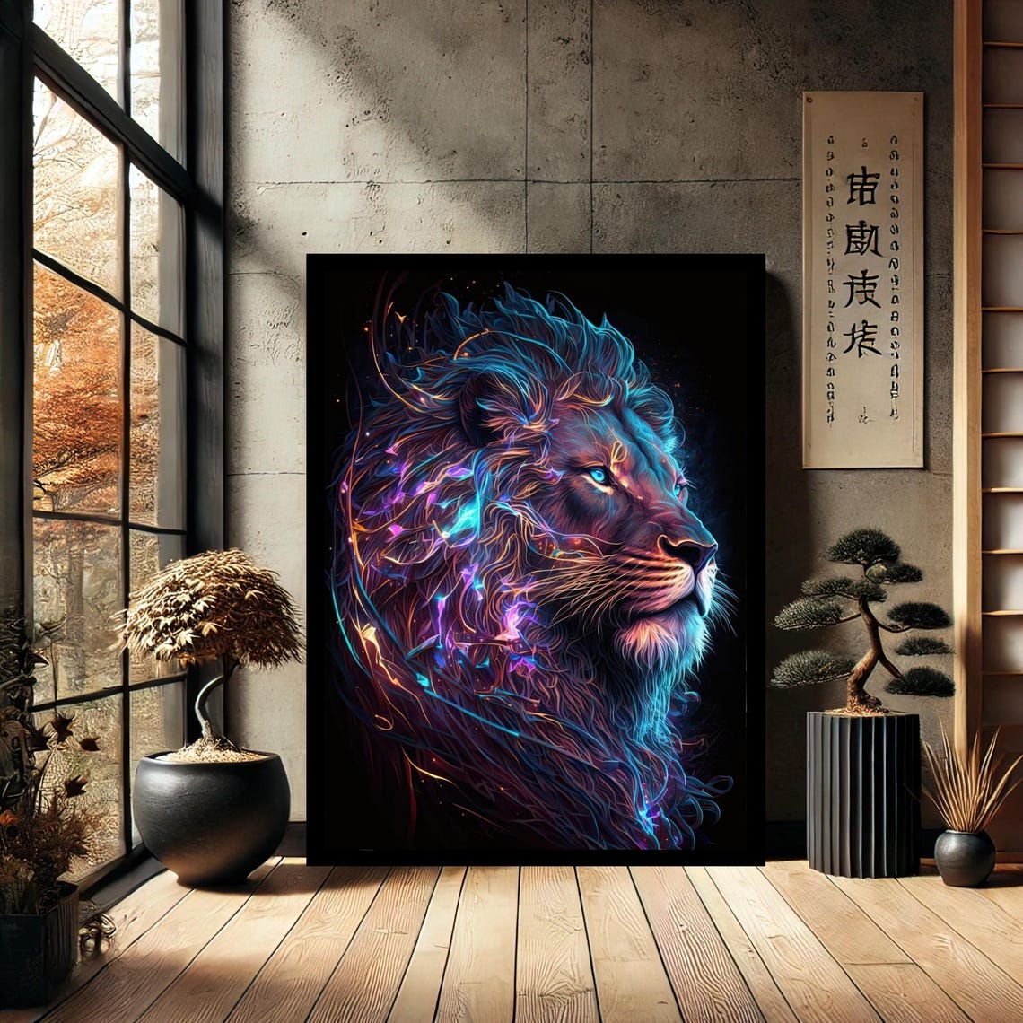 Neon Lion Portrait Glowing Blue Purple Digital Abstract Art Poster