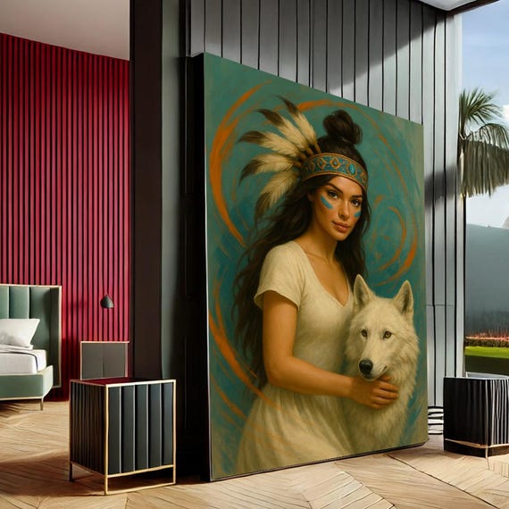 Empowering Native Woman Wolf Modern Canvas Wall Art Print Teal And Warm Tones Living Room Decor Statement Piece
