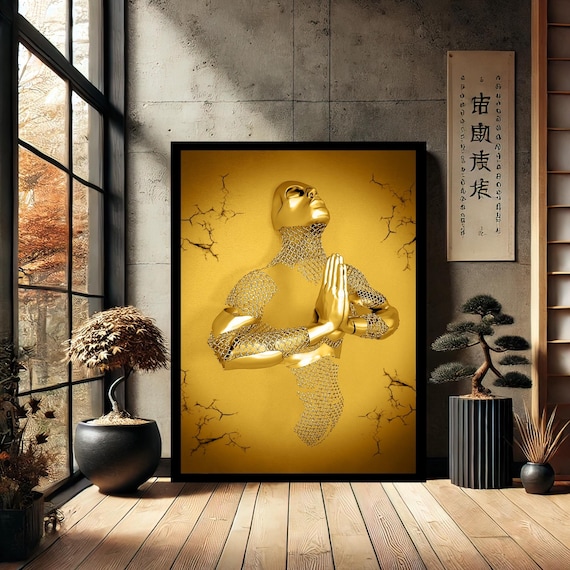 Gold Praying Figure Wireframe Spiritual Metal Sculpture Poster