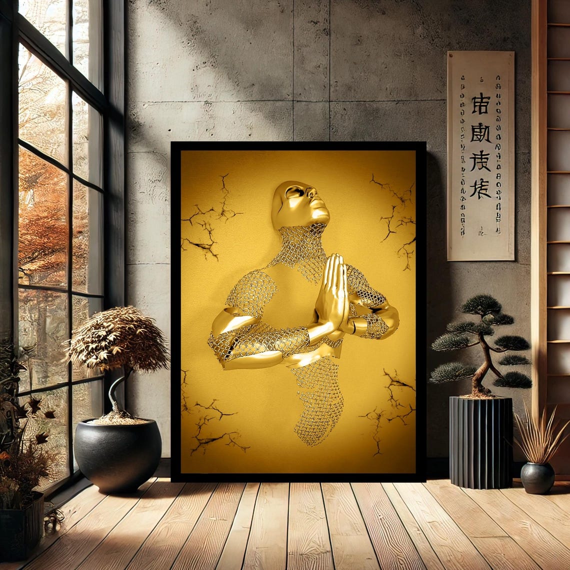 Gold Praying Figure Wireframe Spiritual Metal Sculpture Poster