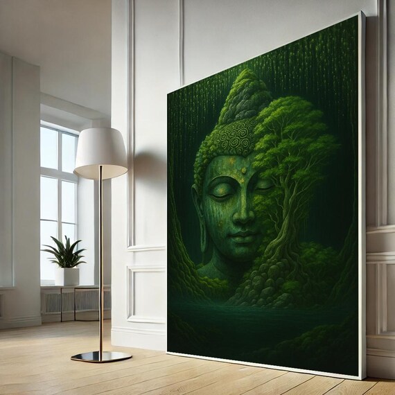 Majestic Buddha Canvas Wall Art Serene Green Zen Forest Painting For Living Room Tranquil Spiritual Home Decor