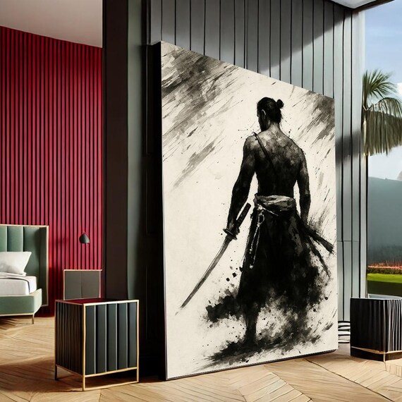 Stoic Samurai Ink Wash Black White Japanese Warrior Abstract Canvas Wall Art
