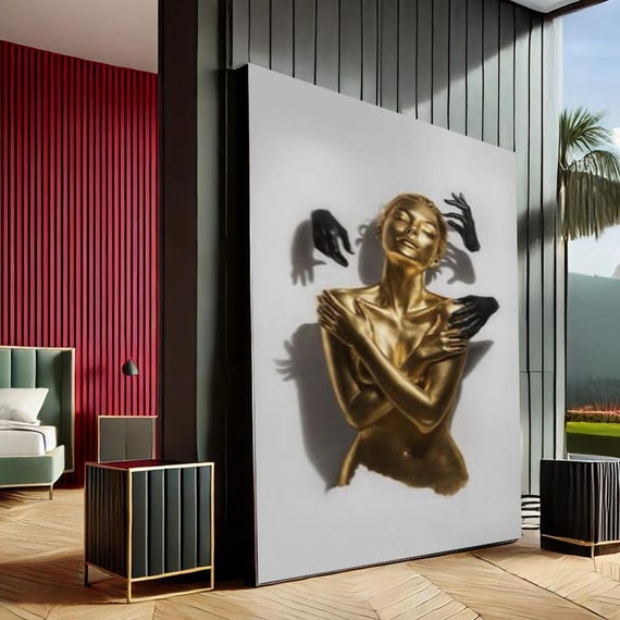 Enigmatic Woman Modern Abstract Canvas Wall Art Print Gold Black Living Room Decor Statement Piece