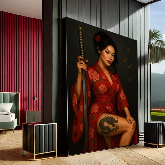 Geisha Warrior with Katana Red Kimono Dragon Tattoo Art Print