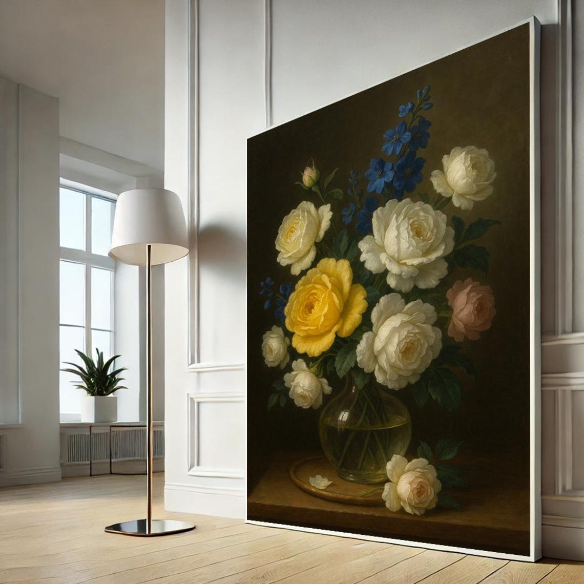 Vintage Floral Still Life Yellow White Roses Oil Painting Print
