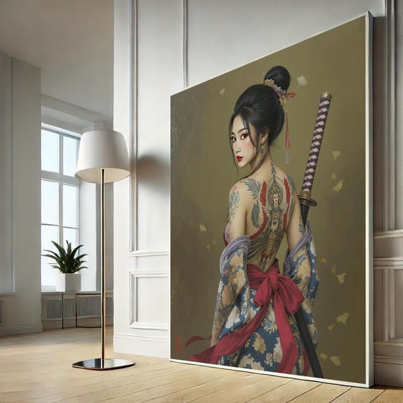 Fierce Asian Warrior Canvas Wall Art Print Empowered Woman With Sword For Living Room Decor Gallery Quality