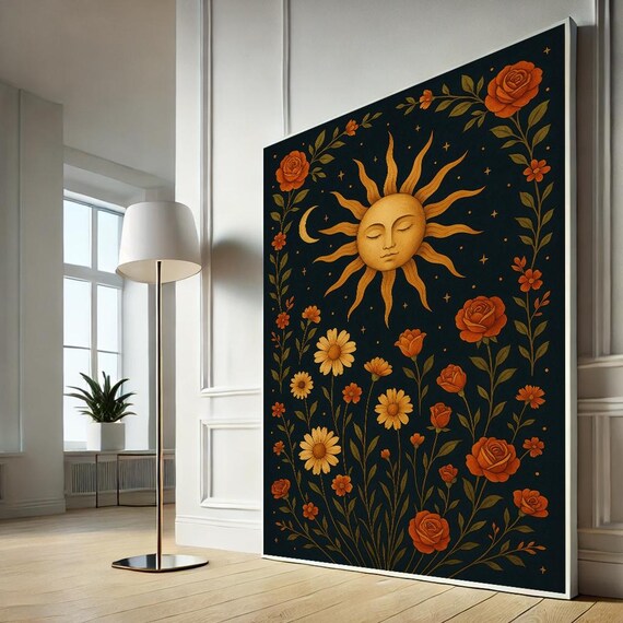 Boho Sun And Moon Art Celestial Floral Canvas Print Spiritual Wall Decor Astrology Poster Ready To Hang