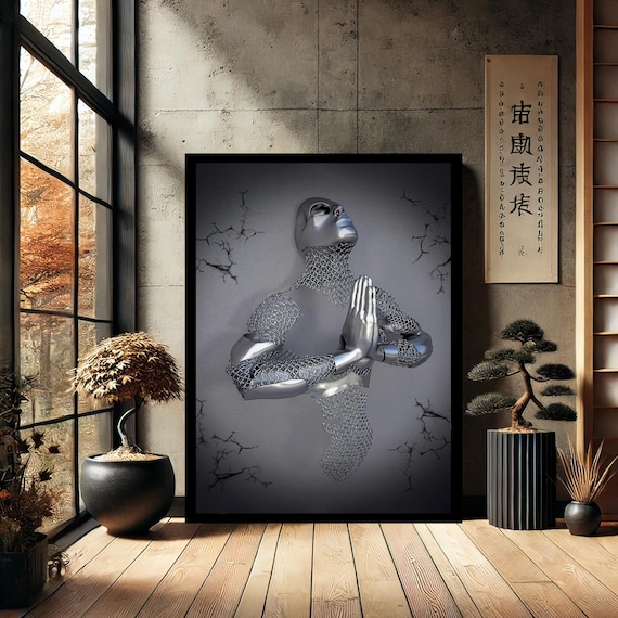 Silver Praying Figure Crackle Background Metal Sculpture Poster