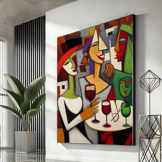 Picasso Style Women With Wine Canvas Bold Cubist Wall Art Print Featuring Three Elegant Figures