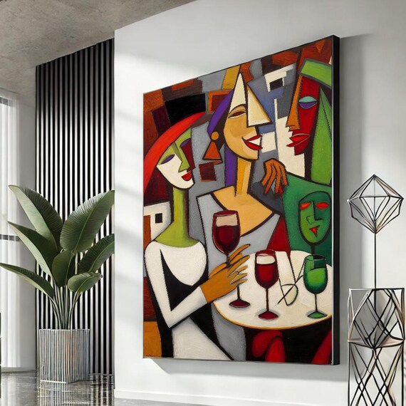 Women With Wine Glasses Bold Cubist Geometric Abstract Art Poster