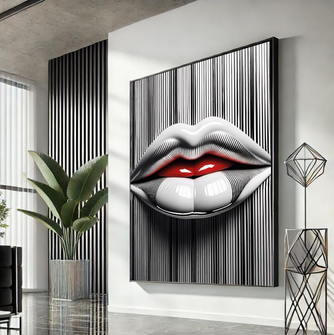 Silver White Lips Red Tongue Pinstripe Pop Art Fashion Poster