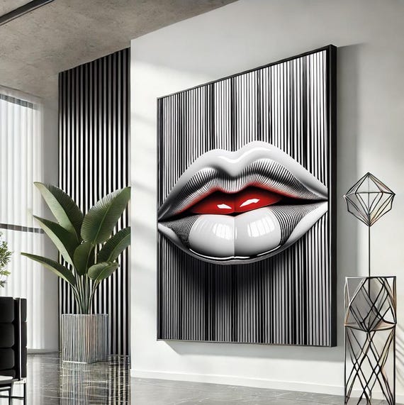 Woman Lips Pop Art Canvas Red Wall Modern Trendy Fashion Artwork Statement Home Accent Unique Gift For Lovers
