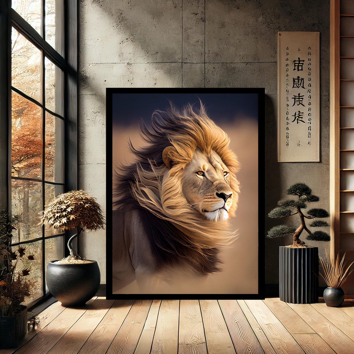 Majestic Lion Flowing Mane Golden Light Realistic Wildlife Poster