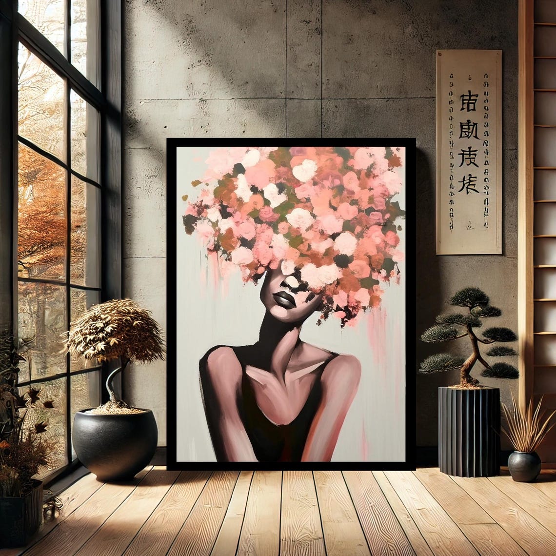 Woman With Pink Flower Hair Abstract Modern Portrait Painting Poster