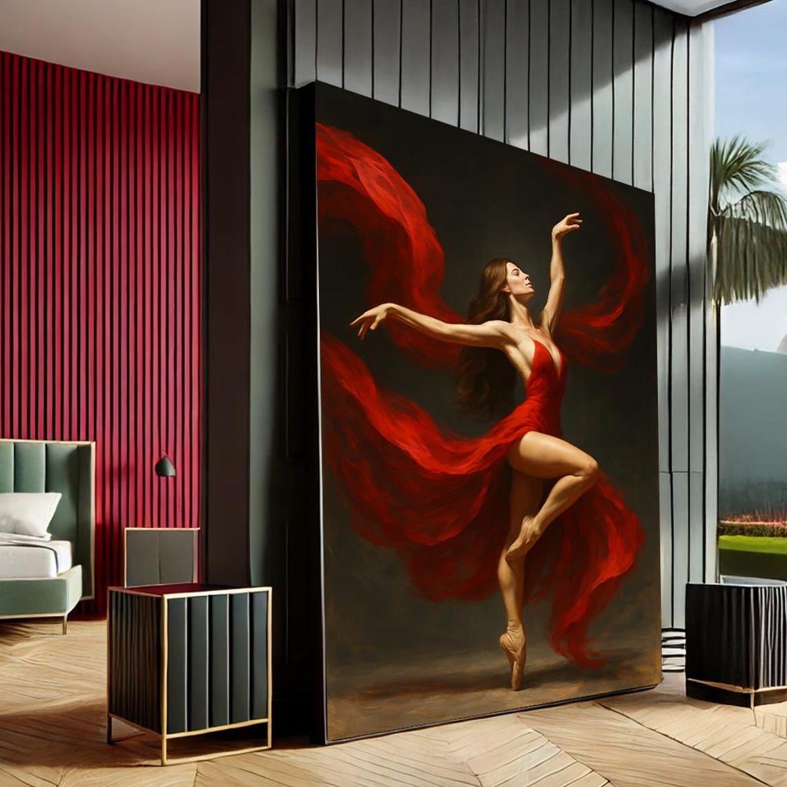 Graceful Dancer Red Dress Dramatic Oil Painting Ballet Art Poster
