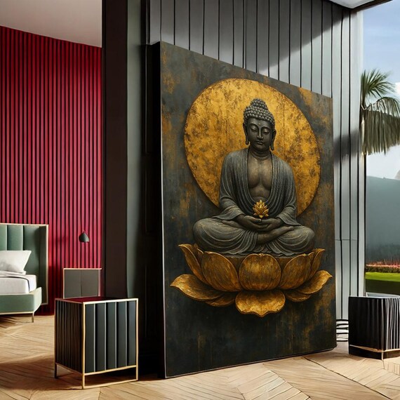 Meditative Buddha Modern Canvas Wall Art Print Gold Black Living Room Decor Statement Piece