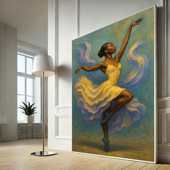 Elegant Black Ballerina in Yellow Dress Dancing Swirl Art Poster