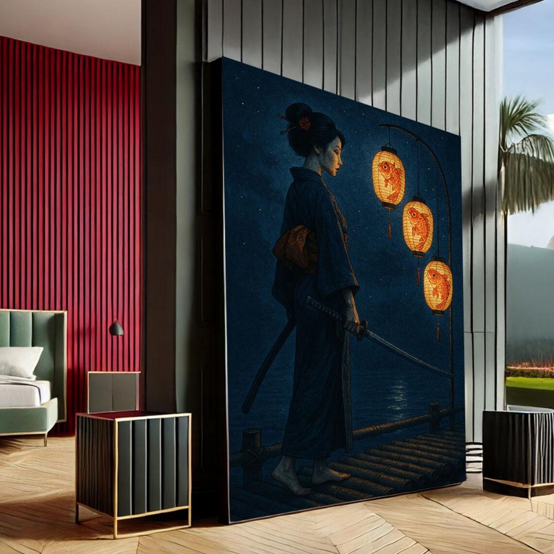 Geisha Warrior Katana Blue Night Paper Lanterns Japanese Art Print