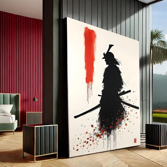 Samurai Silhouette Sumi E Ink Painting With Red Brushstroke Poster