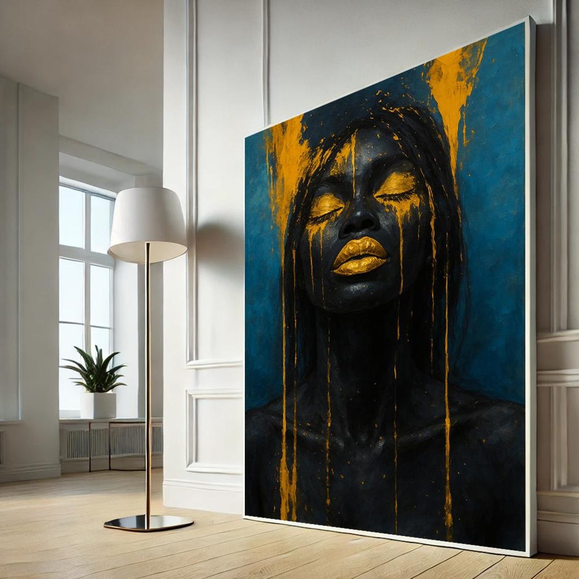 Dark Portrait Gold Drips Abstract Woman Teal Background Art Poster