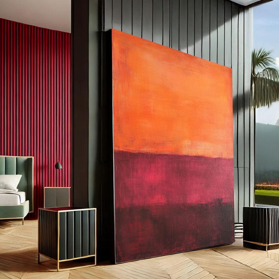Crimson Red Black Gold Stripe Abstract Color Field Canvas Wall Art