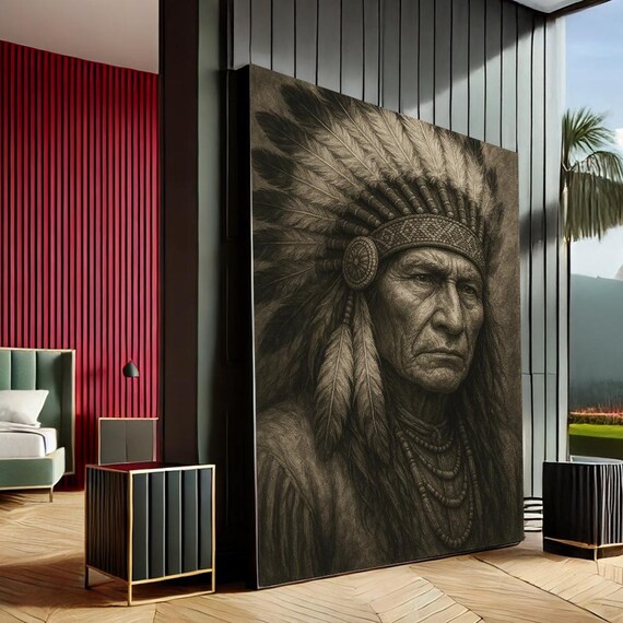 Native Chief Portrait in Feather Headdress Sepia Canvas Print