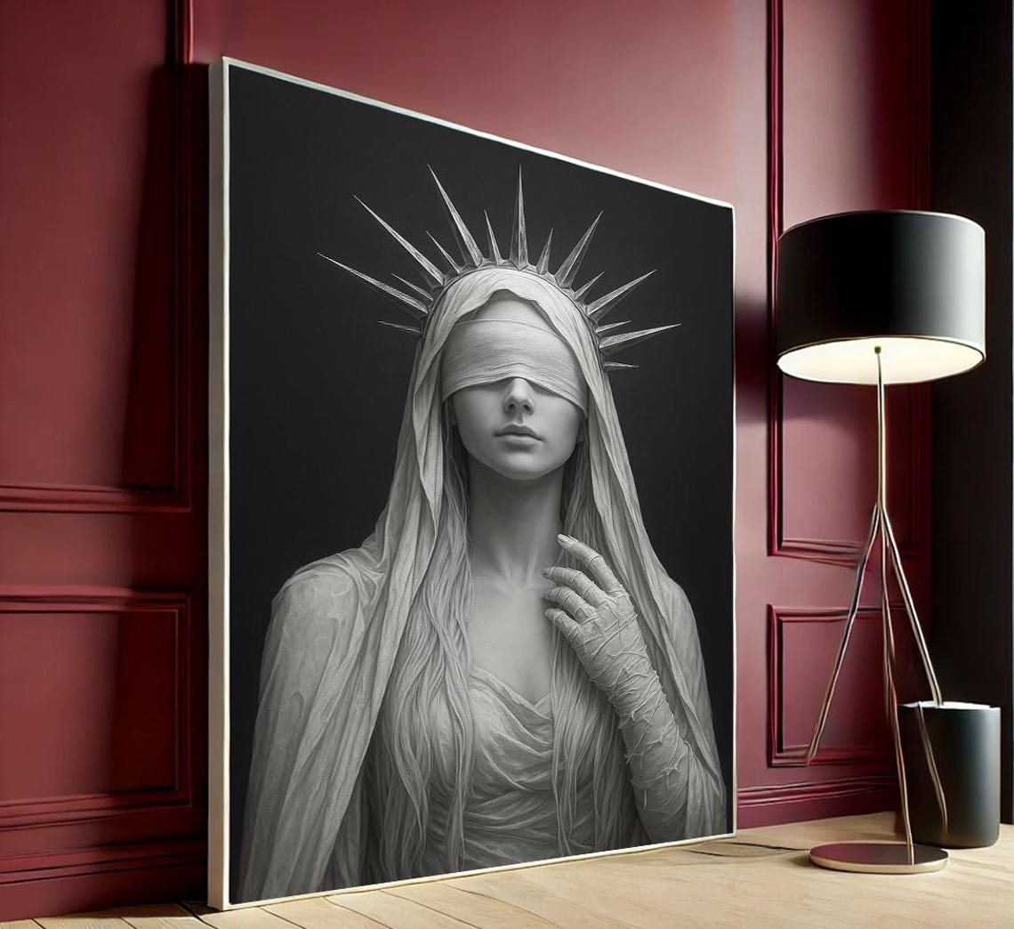 Blindfolded Goddess Statue Monochrome Dark Spiritual Wall Print